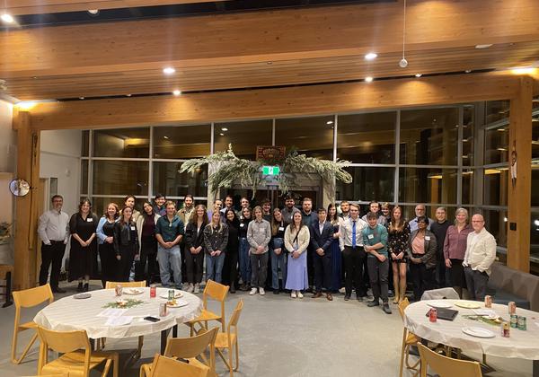 Students and faculty at the Fish and Aqua awards dinner 2024 in the Gathering Place