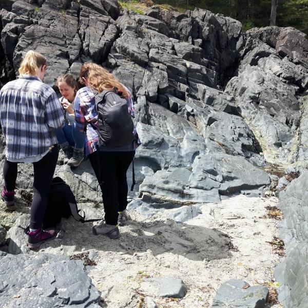 Students mapping interesting geological formations on Quadra Island during GEOL206 field school