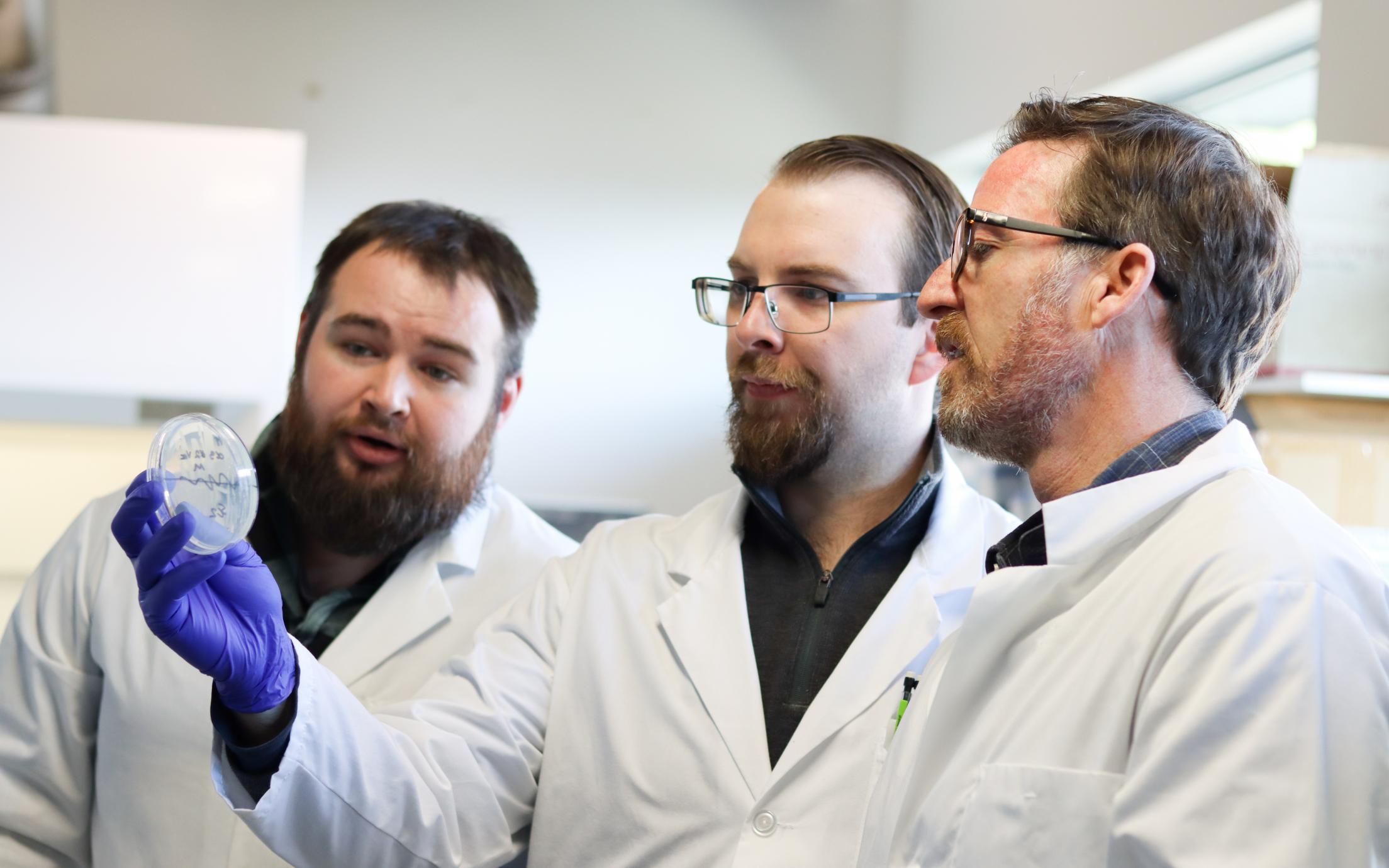VIU students and professor looking at a microbiology sample