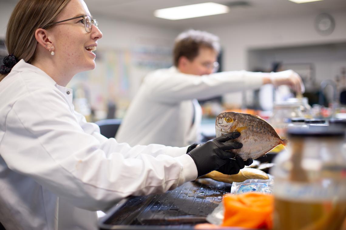 VIU student holding a fish in the fish biology lab